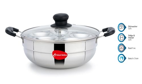Image of Klassi Kichen Stainless Steel Multi Kadai WIth Glass Lid Induction & Standard Idli Maker (2 Plates,10 Idlis)