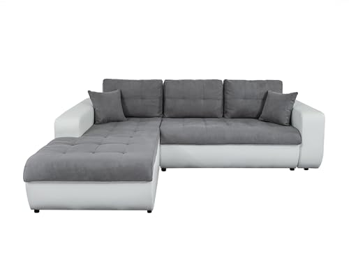 LOUNGITUDE - Suzie - Canapé d'angle - Convertible - 4 Places - Revêtement capitonné - Simili/Microfibre - Gris/Blanc - Angle Gauche - L246cm
