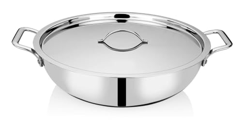 Image of Bhalaria Triply Stainless Steel Kadhai with Lid & Handle 34cm 5.5 Litre | Induction Base Heavy Gauge 3 Layer Body | Extra Large Deep Fry Pan for Sabzi & Curry | Gas Compatible | Dishwasher Safe