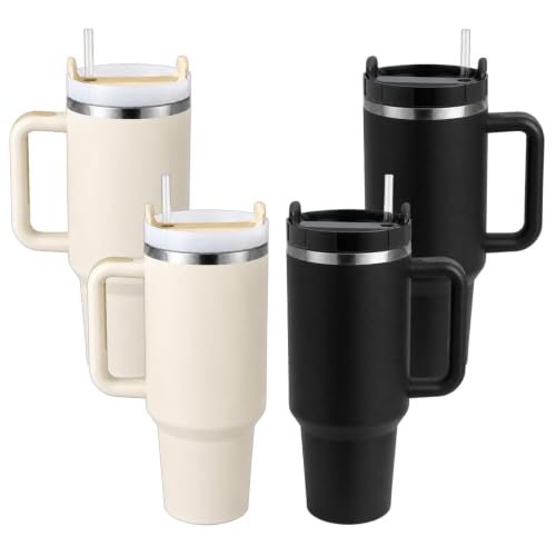 Image of Pandance 4 Pack 40 oz Tumbler with Handle and Straw Bulk, Black & Cream