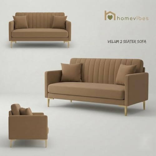 Image of Velum 3 Seater Sofa for Living Room & Office | Premium Fabric Upholstery | Solid Wood Frame | Comfortable Seating | 3 Years Warranty (Light Brown, 2 Seater Sofa)