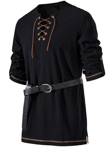 JEMITOP Men's Renaissance Costume Retro Lace Up Shirts for Pirate Viking Medieval Vampire Halloween Cosplay Without Belt Black XL