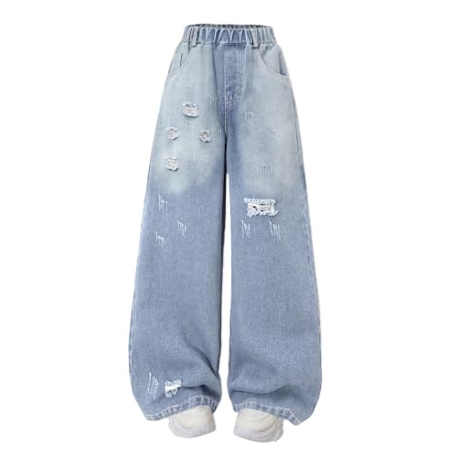 Girls Ripped Distressed Jeans - Baggy Wide Leg Girls Pants with Stretchy Waist, Gradient Denim Pants for Kids