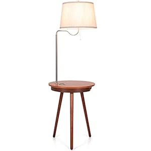 COSTWAY Staande lamp bijzettafel, 3-in-1 staande lampen, stoffen lampekap & houten bijzettafel, inclusief USB oplaadpoort, 220V stopcontact & draadloze oplader, vloerlampen woonkamer slaapkamer studeerkamer