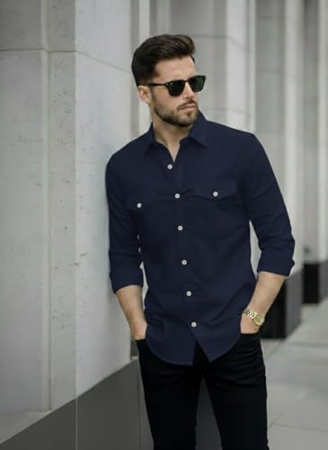 Image of DEELMO Men's Classic Cotton Blend Slim Fit Shirt || Full Sleeve Button-Down Casual Shirt with Dual Flap Pockets || Soft Breathable Fabric || Ideal for Office Party and Everyday Wear