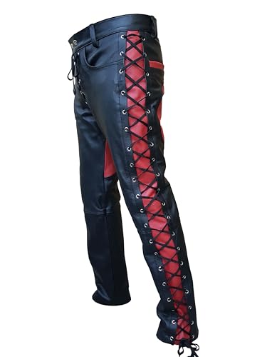 Mens Black Red Genuine Leather Biker Pants - Real Cowhide Premium Quality Lace Side Sexy