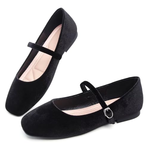 LUXINYU Women Comfortable Sqaure Toe Mary Jane Shoes Cozy Velvet Suede Flats Ankle Buckle Strap Casual Ballet Office Shoes3