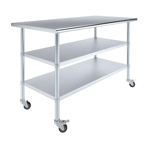 Image of AmGood Stainless Steel Work Table with 2 Shelves and Casters | Metal Utility Table On Wheels (Stainless Steel Work Table with 2 Shelves + Casters, 60 inch Long x 30 inch Deep)