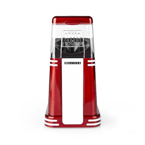 Melissa Máquina de palomitas de maíz retro 16310187, 1200 W, 40-60 g por porción, lista en 2-4 minutos, sin aceite ni mantequilla, fácil de limpiar, diseño compacto, rojo/blanco