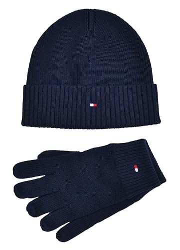 Tommy Hilfiger Strickmütze Mütze Handschuhe Set Beanie & Gloves Baumwolle Kaschmir Blau Gift Box