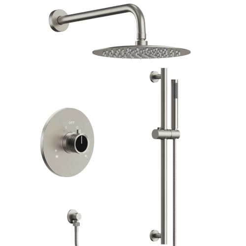 Sistema de ducha eléctrica lluvia redonda de alta presión de 10" con barra deslizante y ducha de mano, grifería para baño montaje en pared con válvula (Níquel cepillado) miniatura 1