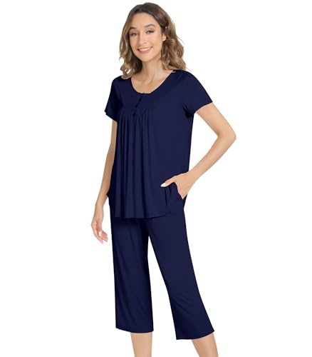 Image of NACHILA Bamboo Viscose Pajamas for Women Pleated Ruffle Tank Top Pjs Set