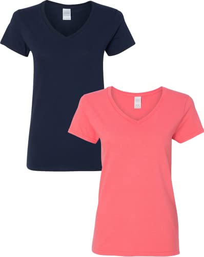 T-shirt Gildan Women's encolure V 2 paquets, 2XL, bleu marine/corail