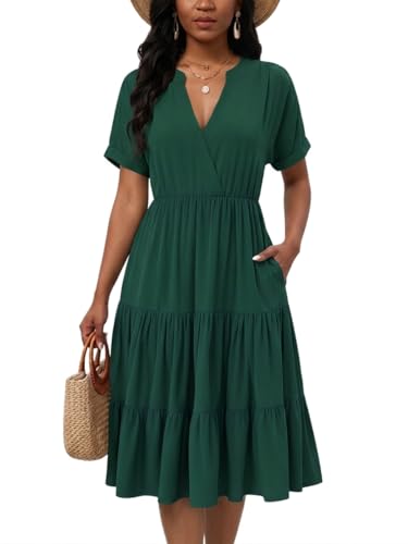 Image of PerZeal Women's Casual Tiered Midi Dress with Pockets - V Neck Short Sleeve Elastic Waist Ruffle Summer Dress for Daily Wear