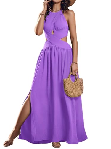 Image of CHICME Women's Sleeveless Halter Neck Dress Criss Cross Tie Back Split High Maxi Dress