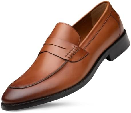 Dunross & Sons Men's Formal Leather Upper, Leather Lined Dress Loafers Shoes. Lewis Cognac Brown Penny Loafer for Men Shoes.
