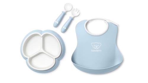 BabyBjörn Mealtime Set, 4 pc, Powder Blue | Includes Baby Plate, Baby Fork, Baby Spoon, and Baby Cup | Dishwasher Safe | Toddler Feeding Set for...