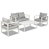 Outvita Aluminum Patio Furniture Set 4 Seats, Outdoor Sectional with Washable Thick Cushions, Coffee Table, Patio Conversation Sets for Porch, Balcony, White Frame & Light Grey Cushion