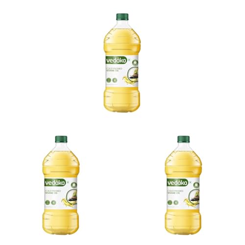 Image of Amazon Brand - Vedaka Cold Pressed Sesame Oil 2L | Gingelly Oil | Cheku /Ghani Oil | Pure & Unrefined | Contains Mufa & Omega - 6 Pufa | Contains Natural Antioxidants Lignans & Tocopherols (Pack of 3)