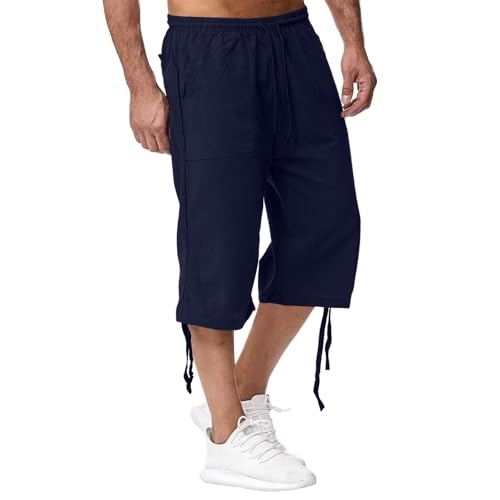 Mens Summer Linen Capri Pants Baggy Wide Leg Capris Pants Elastic Waist Oversized Lightweight Pocket Lounge Crop Pant