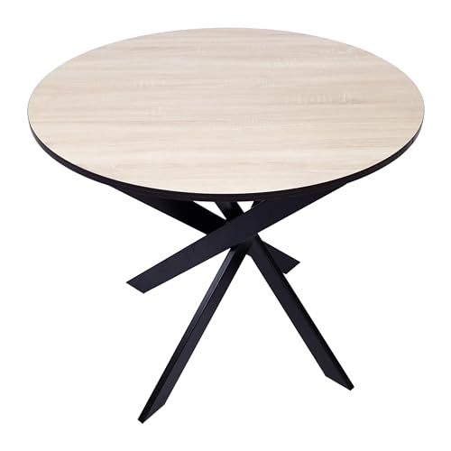 Skraut Home | Table à Manger Ronde Fixe | Modèle Zen | 90 x 90 x 77 cm | Capacité jusqu'à 4 Personnes | Matériaux résistants (Chêne/Noir + Pieds Noirs,...