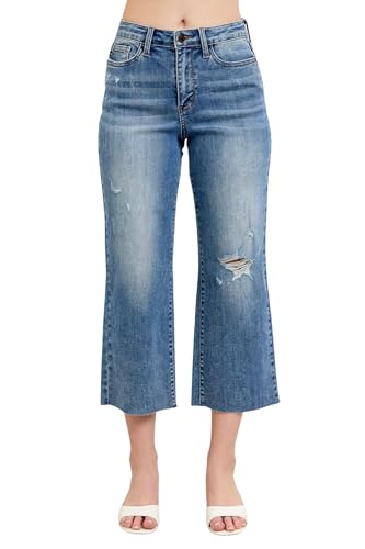 Judy Blue High Waist Back Pocket Embroidery Raw Cut Hem Crop Wide Blue