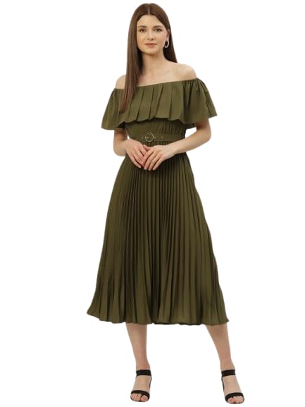 slenor Women Olive Green Off-Shoulder Pleated A-Line Midi Party Dress for Womens and Girls, One Piece Dresses, Party Dress-picture-0