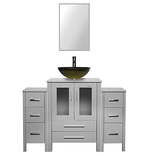 48 inch Grey Bathroom Vanity Round Glass Vessel Sink Combo 2 Small Side Cabinets Removable MDF Board Free Stand Vanity 1.5 GPM ORB Faucet Bathroom Bowl with Pop Up Drain Bathroom Vanity with Mirror