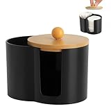 LOLANIUT Bastoncillos de algodón negro con tapa de bambú, dispensador de...