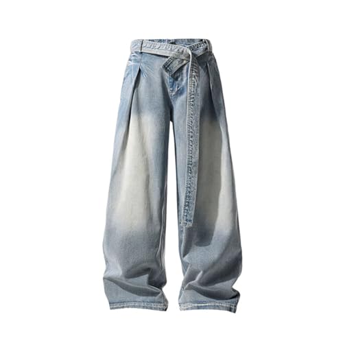 Men's Frayed Machete Jeans, High Street, American Flutter Design, Straight Wide Leg Denim Pants
