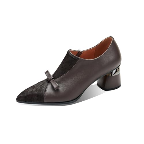 TinaCus Women's Genuine Leather Bowknot Side Zip Patchwork Pointed Toe Pumps Shoes