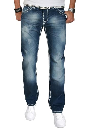 A. Salvarini Herren Designer Jeans Hose blau Dicke weiße Nähte [AS-007 - W33 L32]