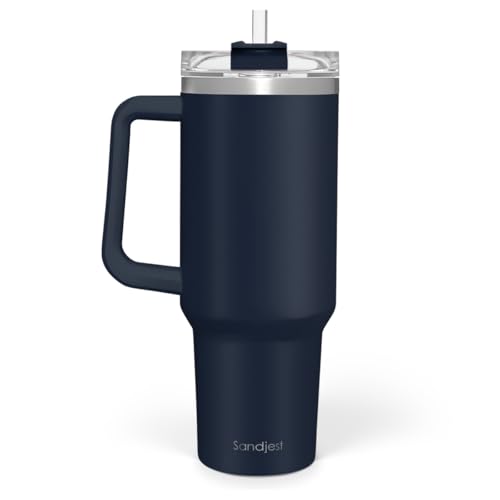 Image of SANDJEST Stainless Steel Insulated Tumbler with Handle 40oz With Lid and Straw, Coffee Travel Cup for Men Women Friends Family, Gifts for Christmas Birthday (Navy)