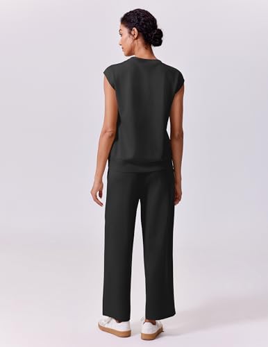 PINSPARK 2 Piece Sets for Women Summer Lounge Set Cap Sleeves Sweatsuit Cropped Wide Leg Pants 2025 Matching Travel Tracksuit2