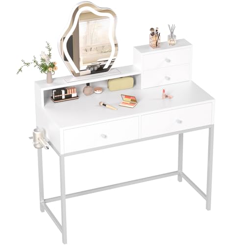 GreenForest White Vanity Desk with LED Lighted Mirror, 31 inch Makeup Vanity with 2 Drawers and Storage Shelves, Small Dressing Table for Women Girl Bedroom, Silver Grey