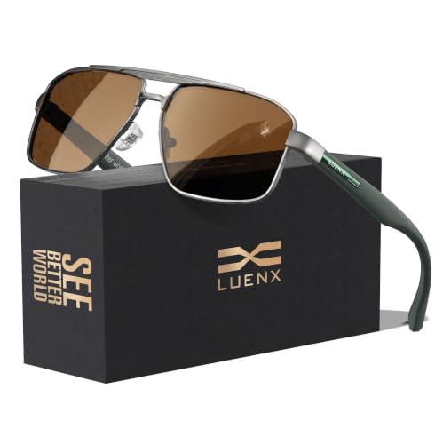 Image of LUENX Aviator Sunglasses for Men Square Polarized Polygon Lens - UV 400 Protection with Accessories