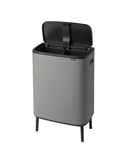 Image of Brabantia Bo Hi Touch Top Kitchen Trash Can with Dual Compartments & Raised Legs | Mineral Concrete Gray | 2 x 8 Gal Inner Buckets | Soft-Close, Light Touch Opening, Stay-Open Lid | + Trash Bags