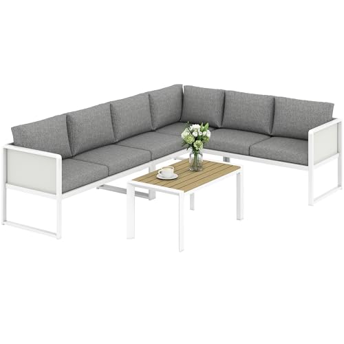 Outsunny Conjunto de Muebles Jardín Exterior de 4 Piezas Sofá Exterior Seccional Forma de L con 3 Sofás de 2 Plazas Asiento de Textilene Mesa con Tablero Efecto Madera WPC Cojines Gris Claro y Blanco