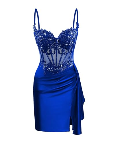 Spaghetti Straps Satin Sequin Short Homecoming Dresses for Teens Lace Appliques Prom Party Dress VS228
