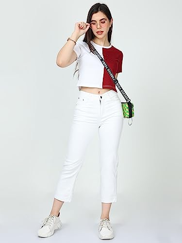 Image of FLEXIMAA Women's Cotton Plain Round Neck Half Sleeve Crop Top