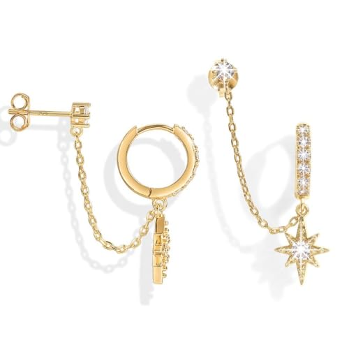 UAIAGM Chain Earrings for Women 14K Gold Double Piercing Dangle Hoop Earring with Cuff and Stud Connected Two Hole Jewelry Set Stackable Earings for First and Second Lobe Cartilage Pierced