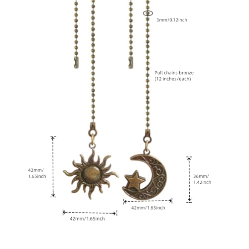Image of Ceiling Fan Pull Chain Set,Decorative Fan Pull Chain Pendant Extension, 12 Inches Lighting & Fan Beaded Ball Chain Extender with Connector Moon and Sun- 4Pcs