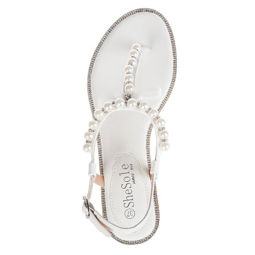 SheSole Women's Pearl T-Strap Bridal White Flat Sandals Beach Wedding Shoes3