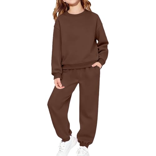 Conjunto de chándal clásico para niños y niñas, con cuello redondo, sudadera larga de invierno, 2 piezas, ropa deportiva, marrón, 6-7 años