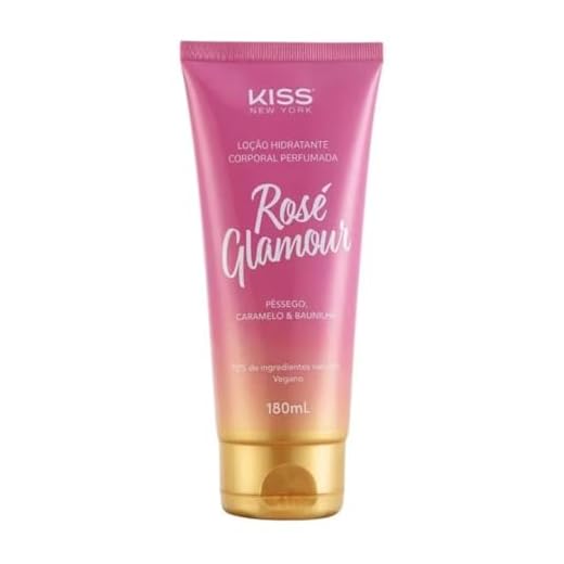 Loção Hidratante Corporal Perfumada Kiss New York Rosé Glamour, Pêssego, Caramelo e Baunilha, Vegano, 92% Ingredientes Naturais, 180mL