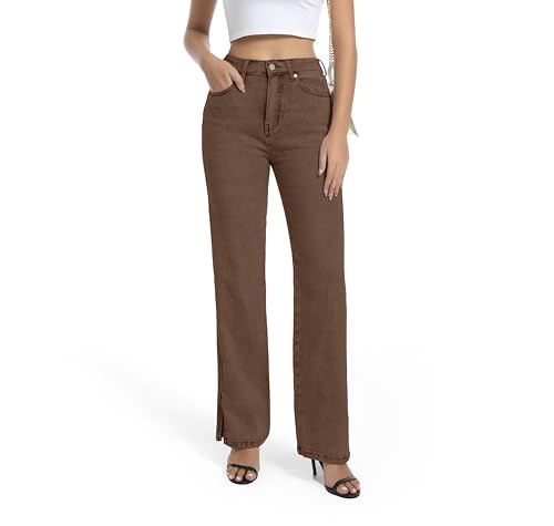 Guaile Womens Jeans High Waisted Stretchy Straight Leg Split Hem Jeans for Women Trendy Classic Denim Brown Size 10