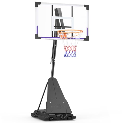 Yohood Basketball Hoop Outdoor Portable 44/48 Inch Backboard, 10ft Quickly Adjustable Basketball Goal System with Wheels for Court/Backyard/Driveway