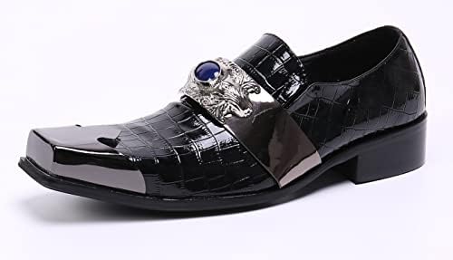 Santimon Mens Croc Dress Loafers Metal-Strapped Genuine Leather Sapphire Decor Hard Square Tip Business Evening Party Wedding Shoes Black 11.5 US | Image 1