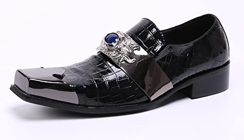 Santimon Mens Dress Loafers Metal-Strapped Genuine Leather Sapphire Decor Hard Square Tip Business Evening Party Wedding Shoes2