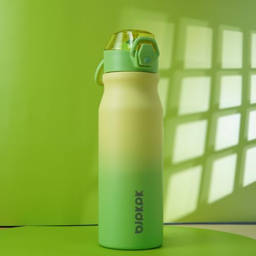 Image of BJPKPK 25 oz Insulated Water Bottle, Straw, Handle, Stainless Steel Flask | Leak Proof Locking Lid, Thermal, Double Wall Vacuum, Keeps Hot /Cold, BPA Free, Dishwasher Safe, Travel & Sports, Lime